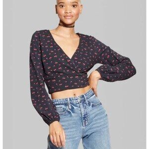 **SOLD** Black and Red Cherry Print Wrap Long Sleeve Crop Top